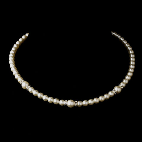 Silver White Czech Glass Pearl & Rhinestone Rondelle Choker Bridal Wedding Necklace 8667