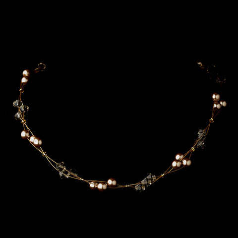 Gold Light Brown Czech Glass Pearl & Swarovski Crystal Bead Multiweave Illusion Bridal Wedding Necklace 8672