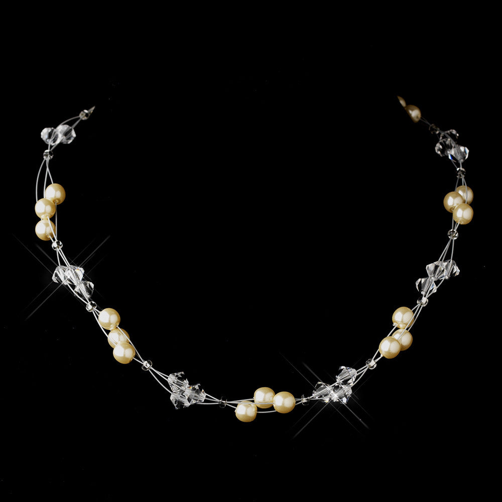 Silver Ivory Czech Glass Pearl & Swarovski Crystal Bead Multiweave Illusion Bridal Wedding Necklace 8672
