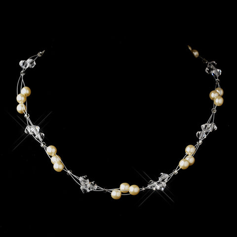 Silver Ivory Czech Glass Pearl & Swarovski Crystal Bead Multiweave Illusion Bridal Wedding Necklace 8672