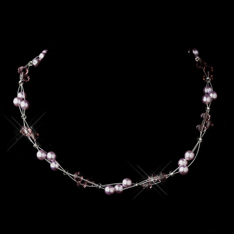 Silver Light Amethyst Czech Glass Pearl & Swarovski Crystal Bead Multiweave Illusion Bridal Wedding Necklace 8672