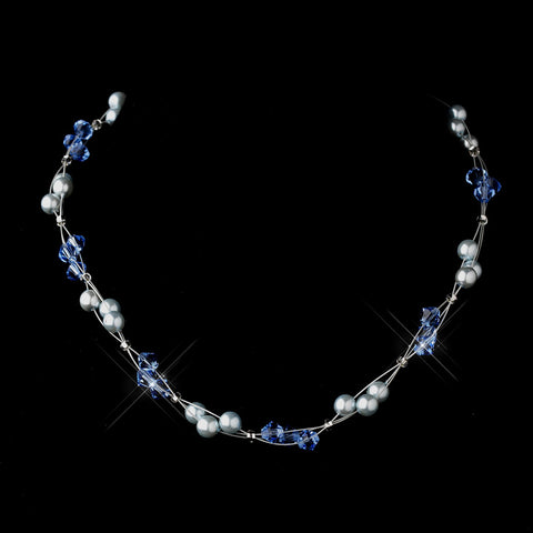 Silver Light Blue Czech Glass Pearl & Swarovski Crystal Bead Multiweave Illusion Bridal Wedding Necklace 8672
