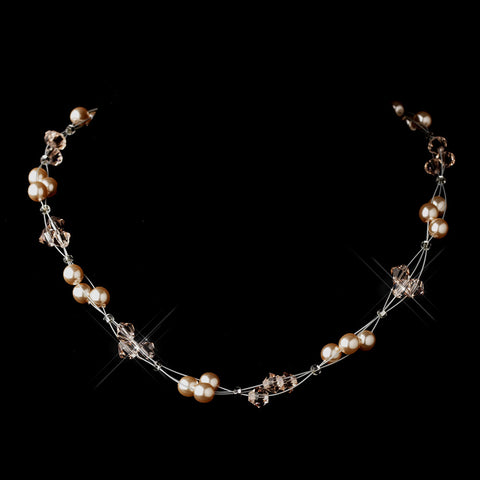 Silver Pink Czech Glass Pearl & Swarovski Crystal Bead Multiweave Illusion Bridal Wedding Necklace 8672