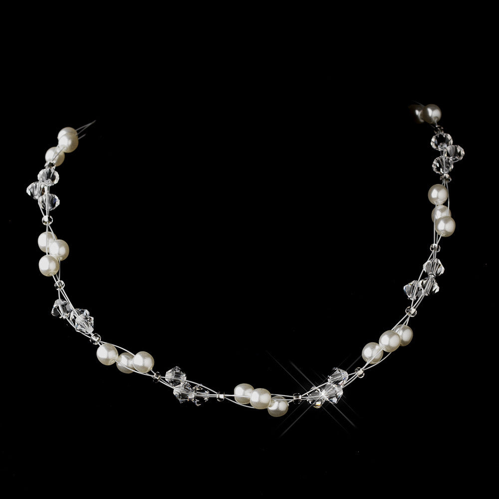 Silver White Czech Glass Pearl & Swarovski Crystal Bead Multiweave Illusion Bridal Wedding Necklace 8672