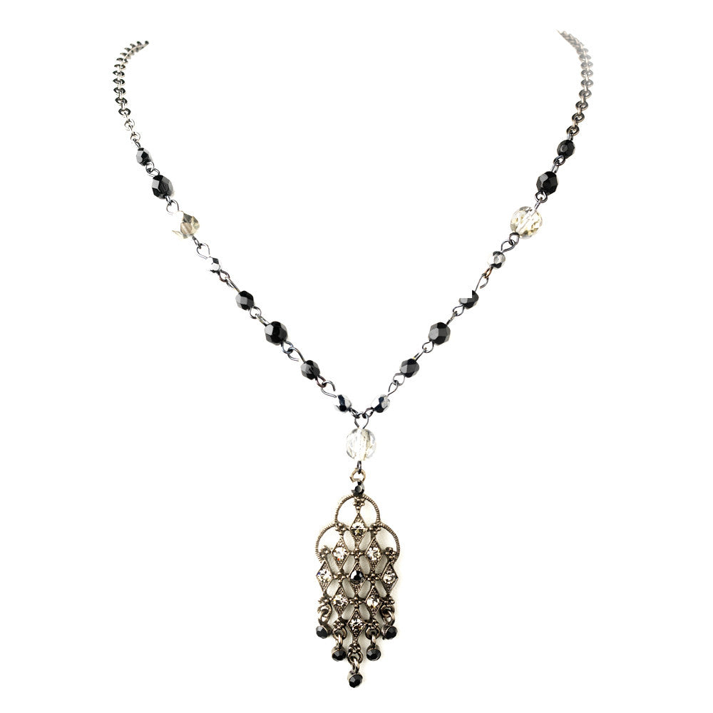 Hematite Black Rhinestone Chandelier Pendant Bridal Wedding Necklace 8716