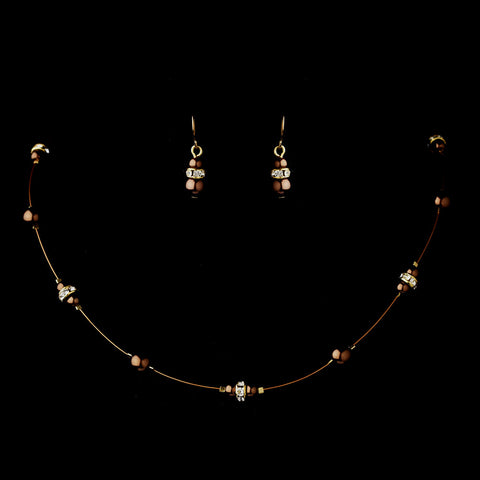 Gold Brown Czech Glass Pearl & Clear Rhinestone Rondelle Bridal Wedding Jewelry Set 8805