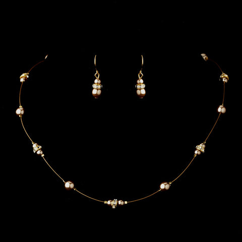 Gold Light Brown Czech Glass Pearl & Clear Rhinestone Rondelle Bridal Wedding Jewelry Set 8805
