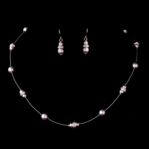 Silver Light Amethyst Czech Glass Pearl & Clear Rhinestone Rondelle Bridal Wedding Jewelry Set 8805