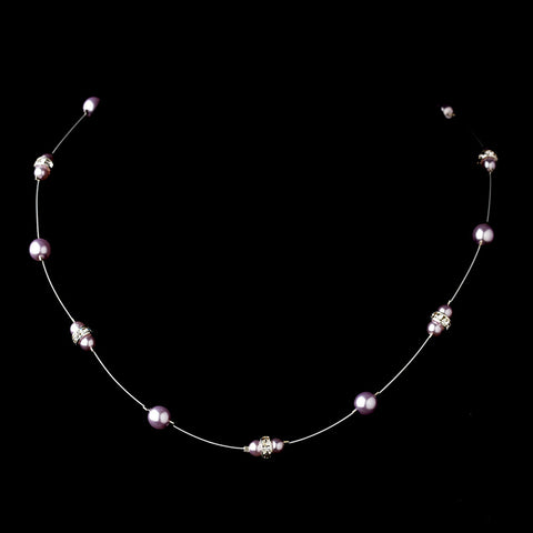Silver Light Amethyst Czech Glass Pearl & Clear Rhinestone Rondelle Bridal Wedding Necklace 8805