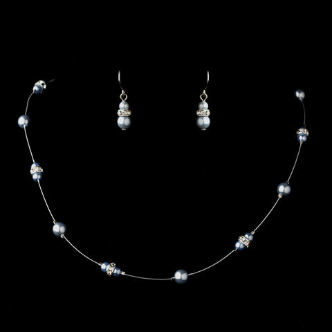 Silver Light Blue Czech Glass Pearl & Clear Rhinestone Rondelle Bridal Wedding Necklace 8805