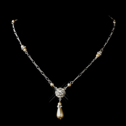 Silver Ivory Glass Pearl & Clear Rhinestone Drop Bridal Wedding Necklace 8827