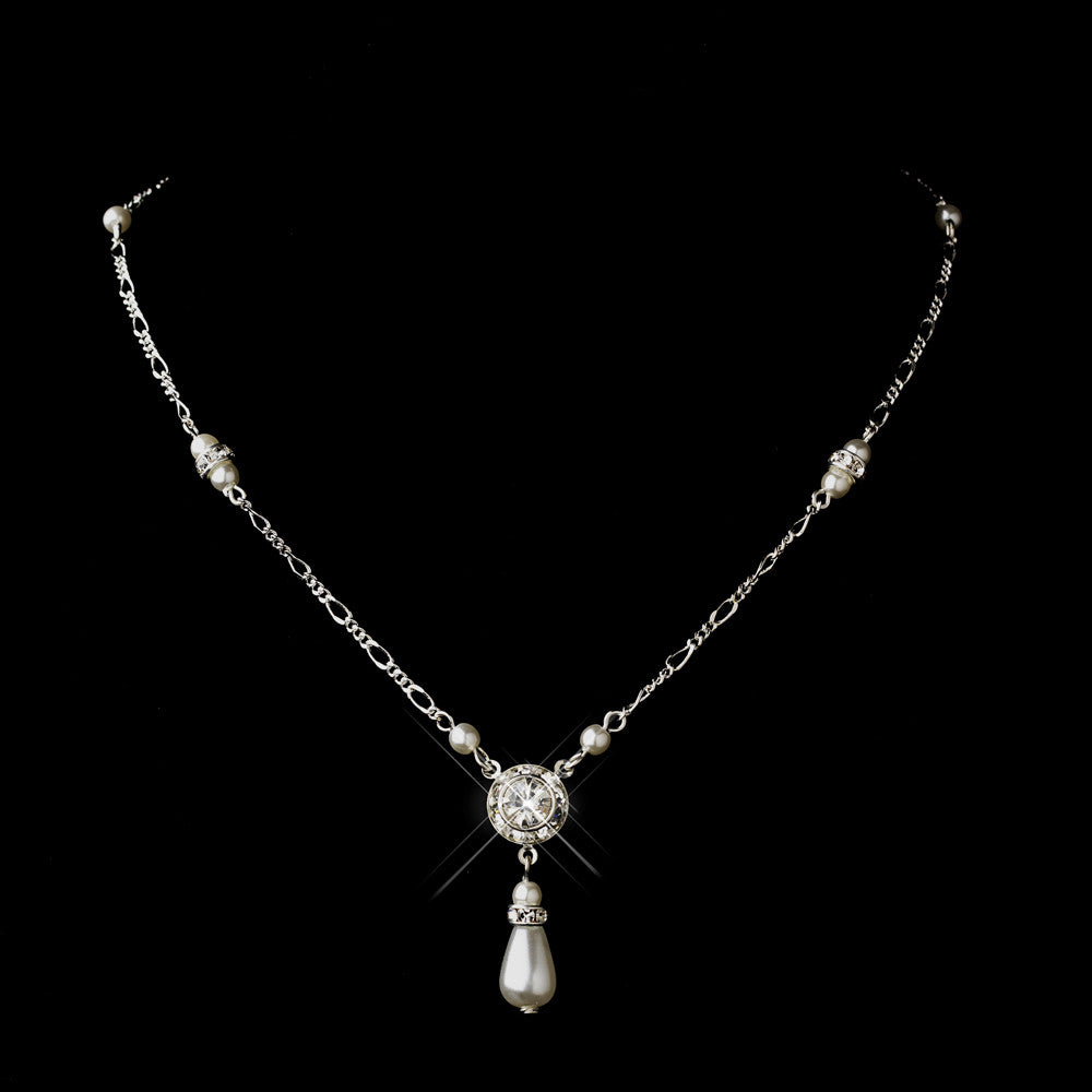 Silver White Glass Pearl & Clear Rhinestone Drop Bridal Wedding Necklace 8827