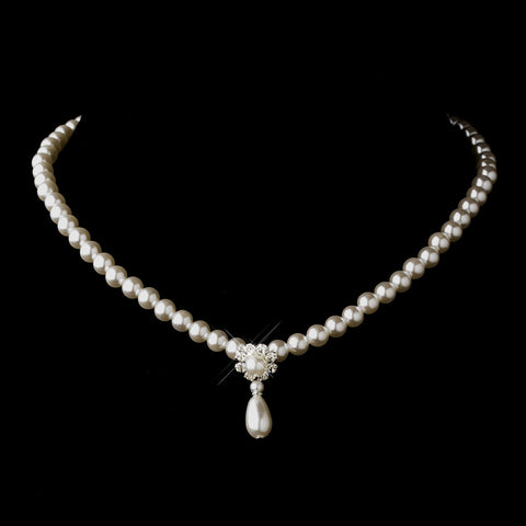 Silver White Glass Pearl & Clear Rhinestone Rondelle Drop Bridal Wedding Necklace 9062