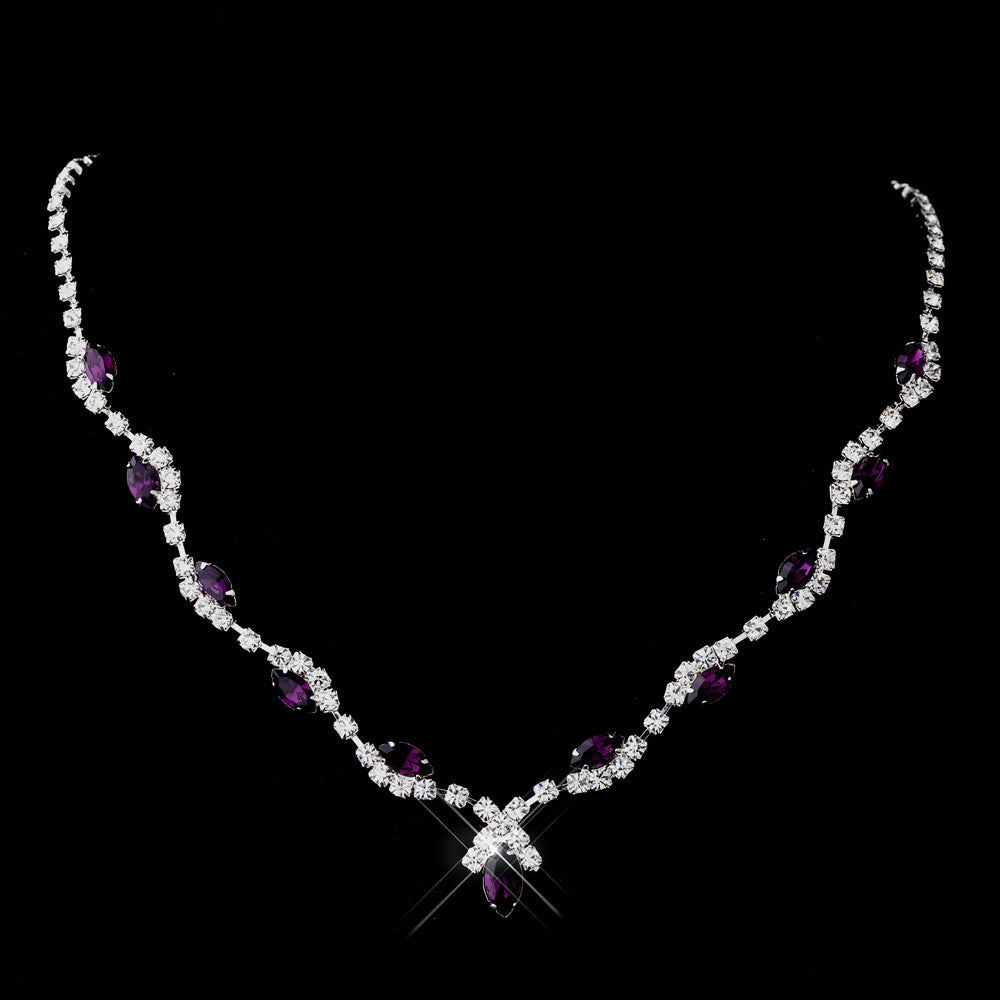 Silver Amethyst Marquise & Clear Round Bridal Wedding Necklace 9341