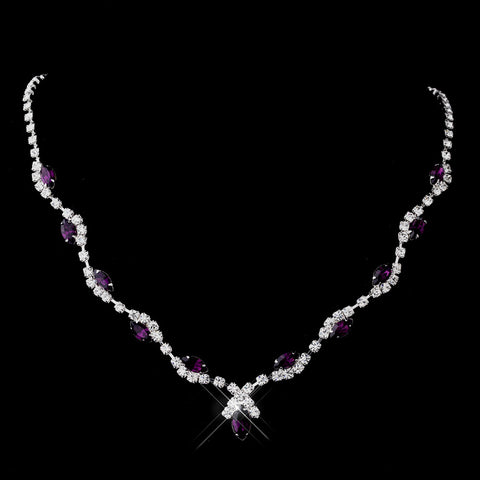 Silver Amethyst Marquise & Clear Round Bridal Wedding Necklace 9341
