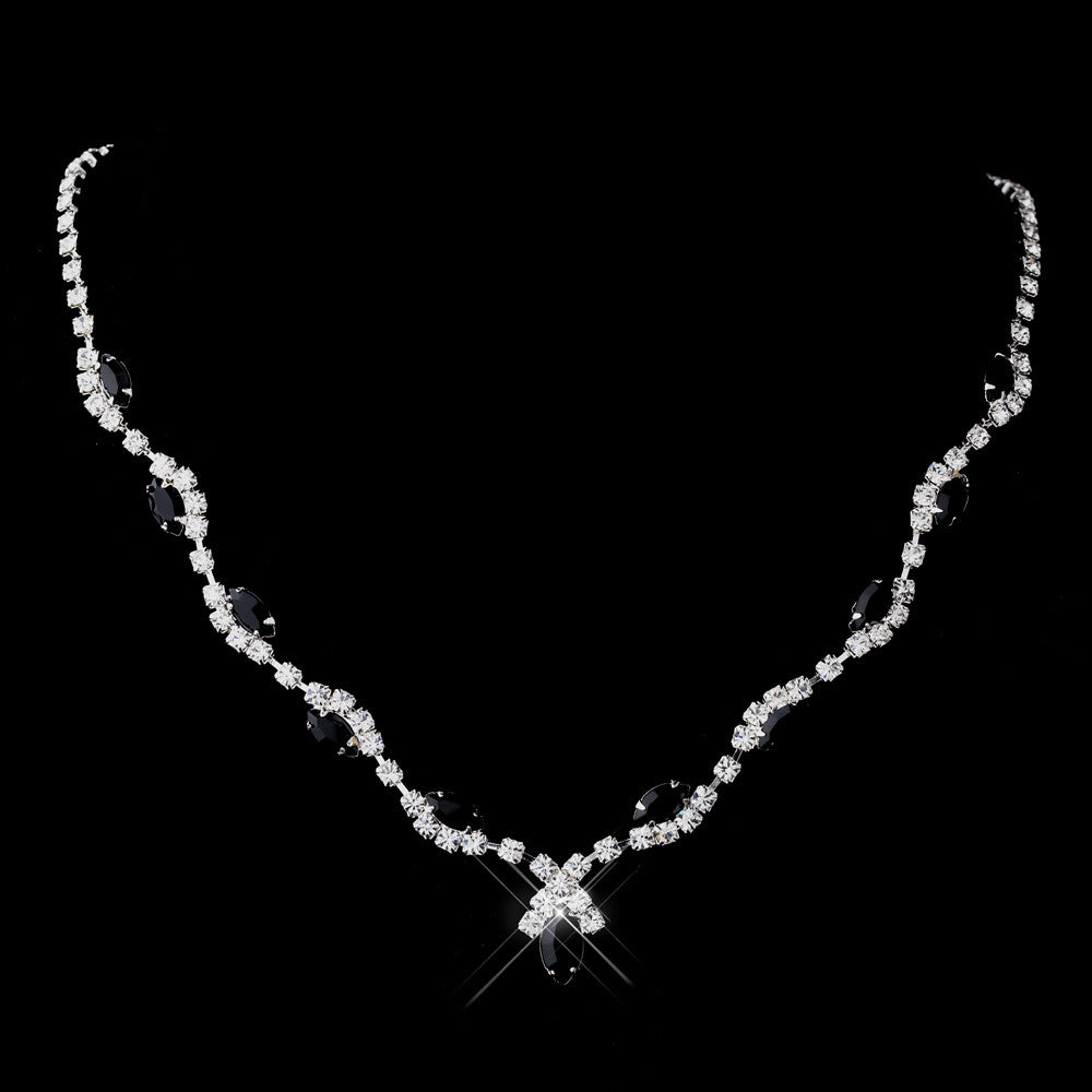 Silver Black Marquise & Clear Round Bridal Wedding Necklace 9341