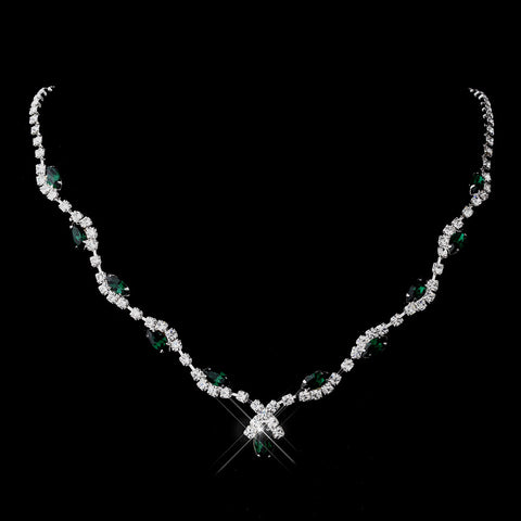 Silver Emerald Marquise & Clear Round Bridal Wedding Necklace 9341