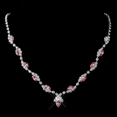 Silver Pink Marquise & Clear Round Bridal Wedding Necklace 9341