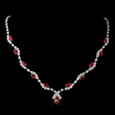 Silver Red Marquise & Clear Round Bridal Wedding Necklace 9341