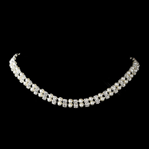 Silver White Glass Pearl & Swarovski Crystal Bead Bridal Wedding Necklace 2060