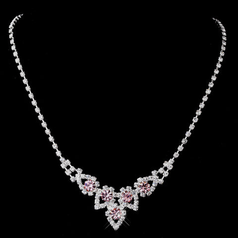Silver Pink Round Rhinestone Bridal Wedding Necklace 9381