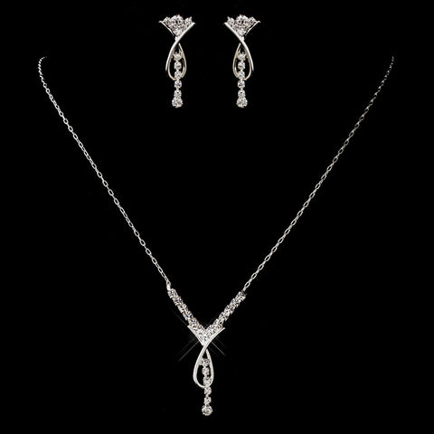Silver Clear Rhinestone Twist Bridal Wedding Necklace & Earrings Set 9479