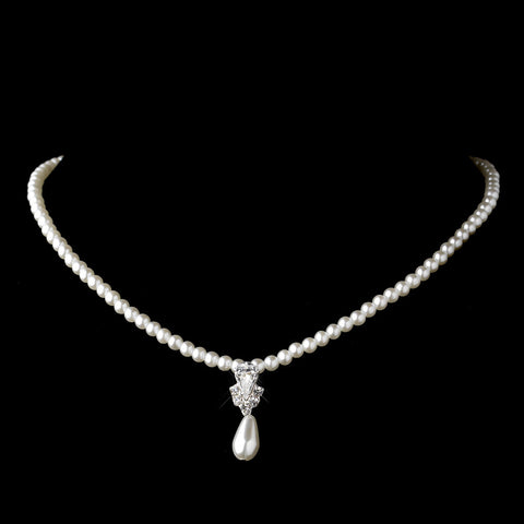 Silver White Teardrop Pearl Bridal Wedding Necklace 9631