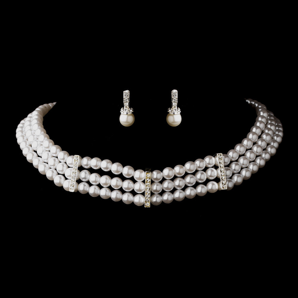 3 Row Silver White Pearl & Clear Rhinestone Rondelle Bridal Wedding Necklace 9851 & Bridal Wedding Earrings 3592
