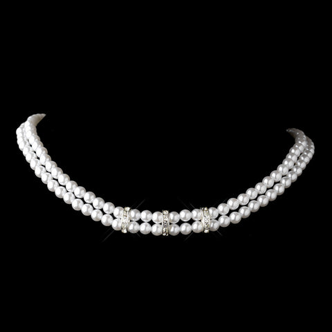 Silver White Pearl & Clear Rhinestone Rondelle Bridal Wedding Necklace 9861