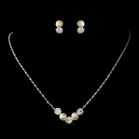 Silver Ivory Pearl & Clear Round Rhinestone Bridal Wedding Jewelry Set 0428