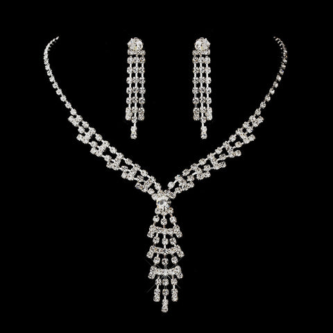 Antique Silver Clear Rhodium Dangling Round Rhinestone Bridal Wedding Jewelry Set 1113
