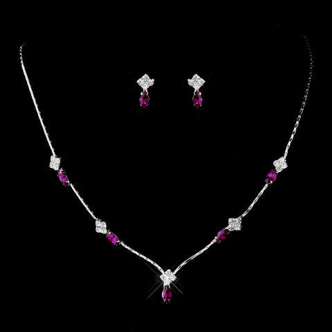 Silver Fuchsia and Clear Navette Rhinestone Bridal Wedding Jewelry Set 7017