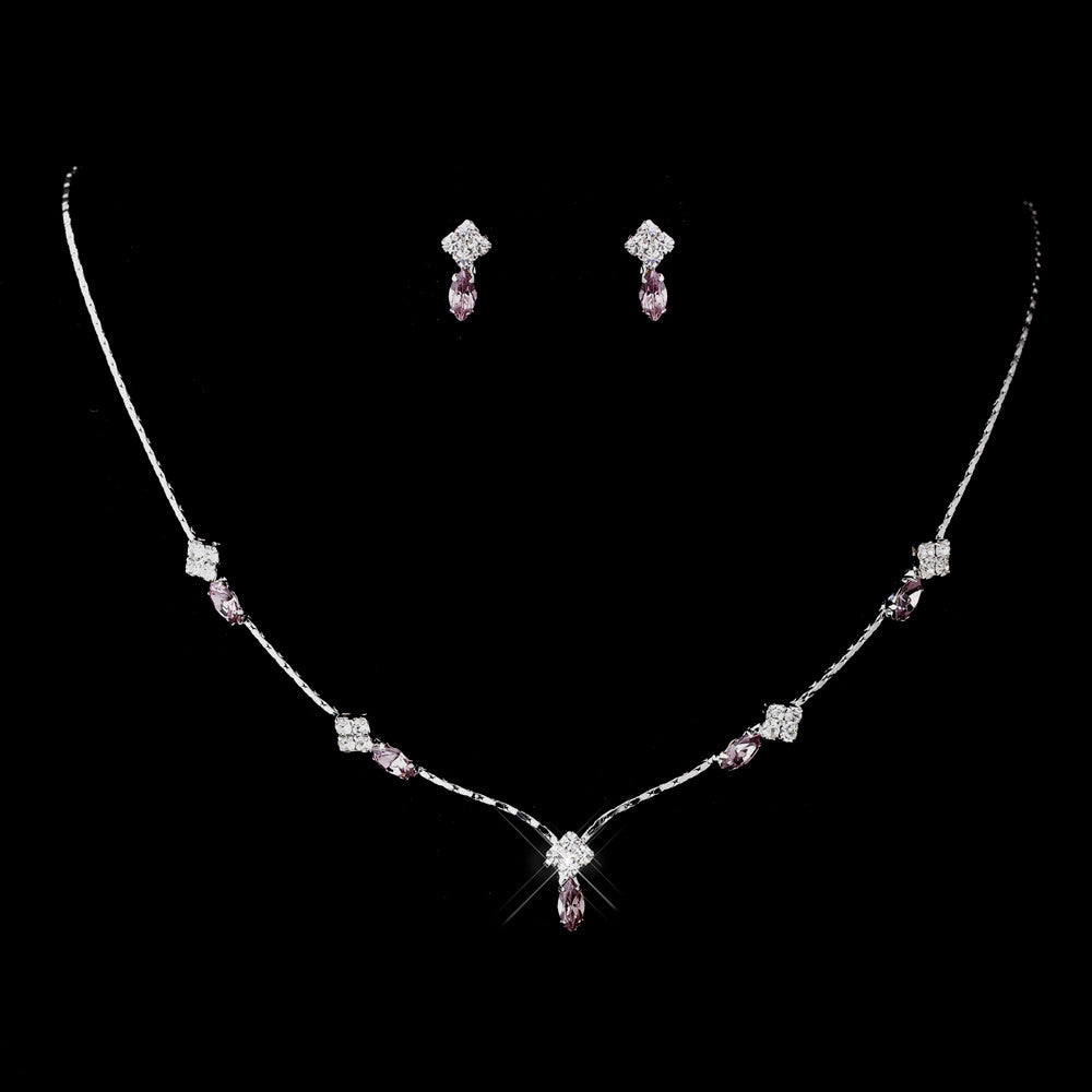 Silver Light Amethyst and Clear Navette Rhinestone Bridal Wedding Jewelry Set 7017