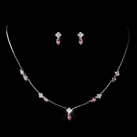 Silver Pink and Clear Navette Rhinestone Bridal Wedding Jewelry Set 7017