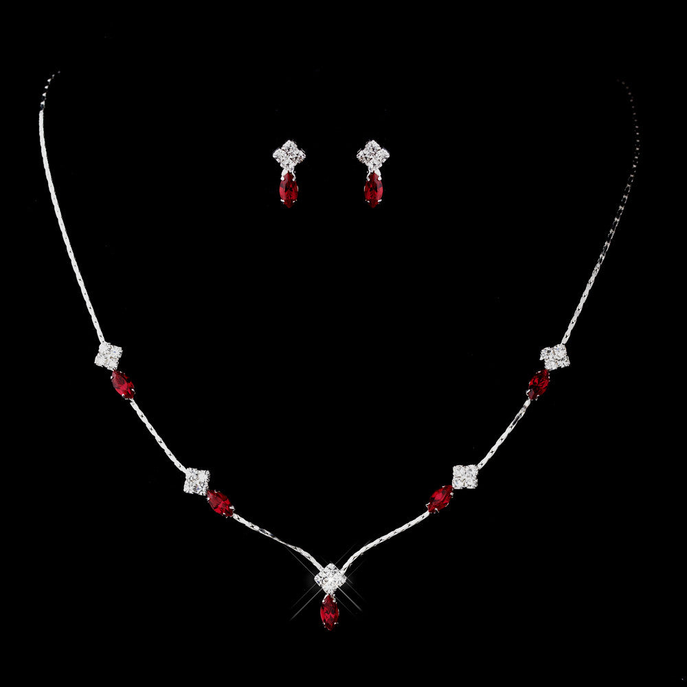 Silver Red and Clear Navette Rhinestone Bridal Wedding Jewelry Set 7017