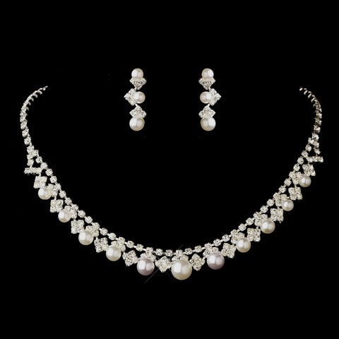 Silver White Pearl & Clear Rhinestone Bridal Wedding Jewelry Set 7104