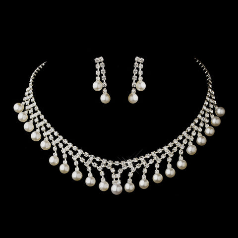 Silver White Glass Pearl & Clear Rhinestone Dangle Bridal Wedding Jewelry Set 7124