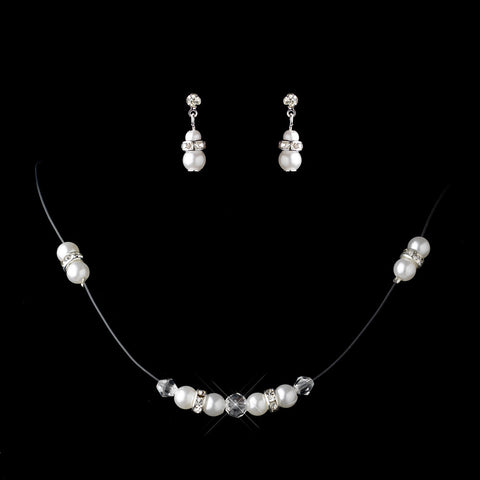 Silver White Pearl & Clear Rhinestone Rondelle Illusion Bridal Wedding Jewelry Set 7407