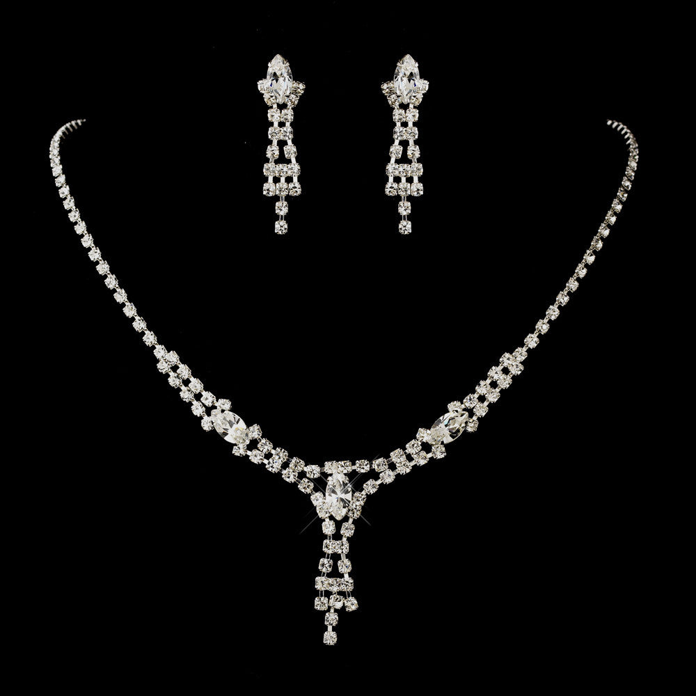 Silver Clear Navette & Round Rhinestone Bridal Wedding Jewelry Set 7415