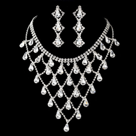 Silver Clear Rhinestone Drape Statement Bridal Wedding Jewelry Set 7919