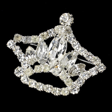 Silver Clear Round & Marquise Crown Bridal Wedding Brooch 3067