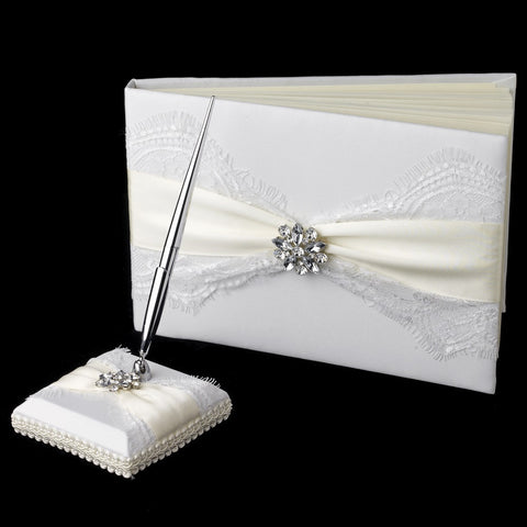 Ribbon & Bridal Wedding Brooch Bridal Wedding Guest Book & Pen Set 848 White Only