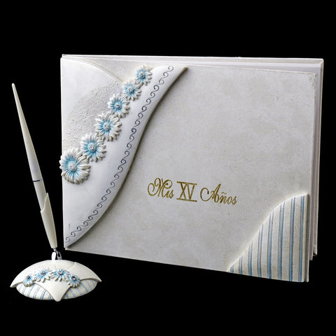 Delightful Blue Daisy Quinceanera Bridal Wedding Guest Book & Pen Set