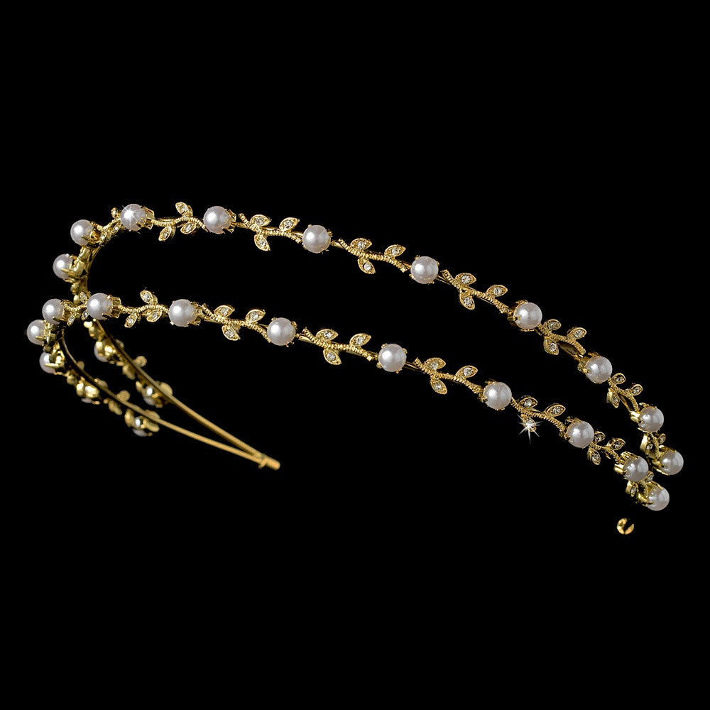 Crystal & Pearl Bridal Wedding Headband HP 1003 Gold Ivory