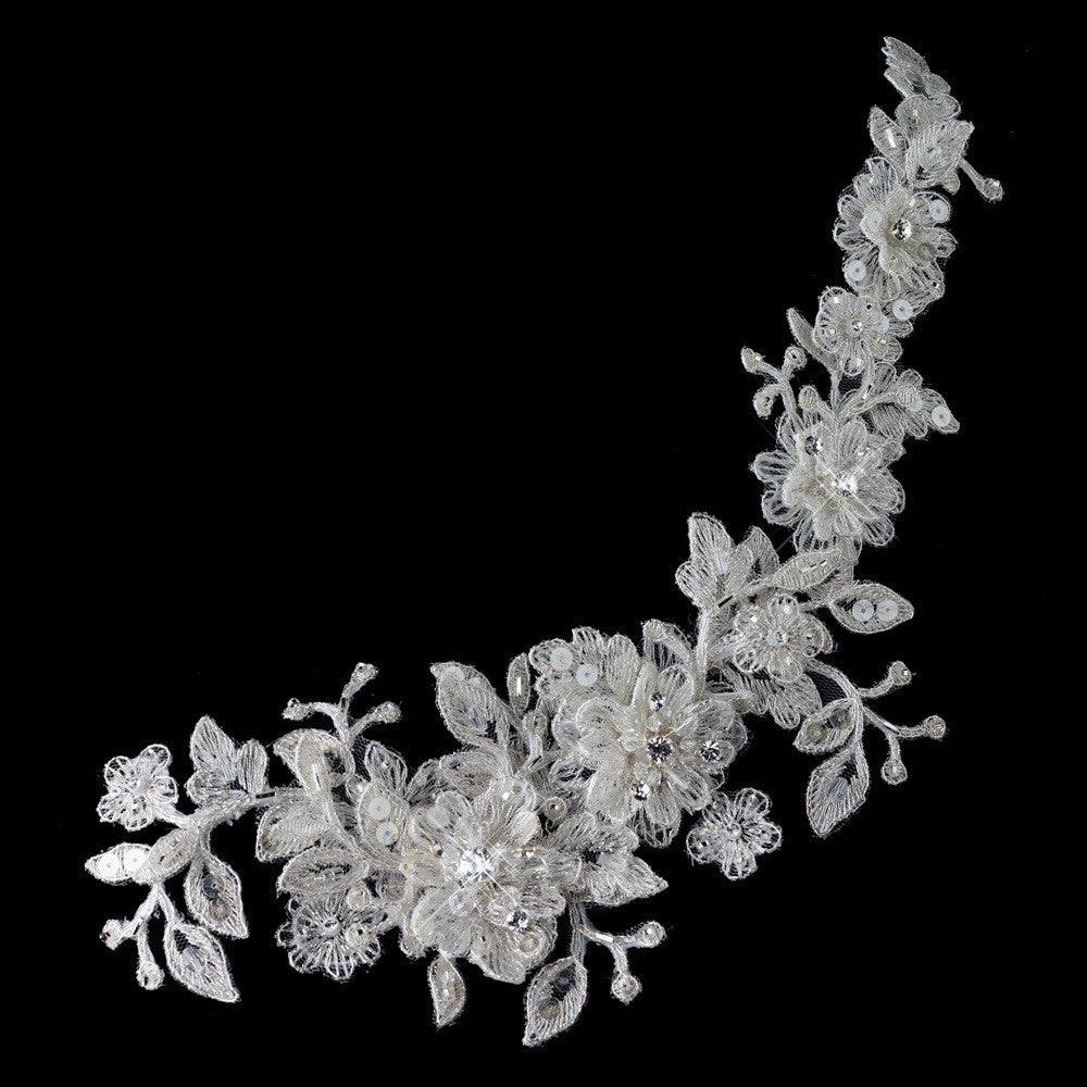 HP 1265 Ivory Lace Flexible Bridal Wedding Hair Applique Accented with Rhinestones, Crystals & Sequin