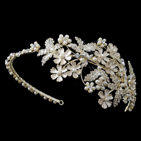 Lt Gold Champagne Rhinestone & Ivory Pearl Floral Bridal Wedding Side Headband 1534