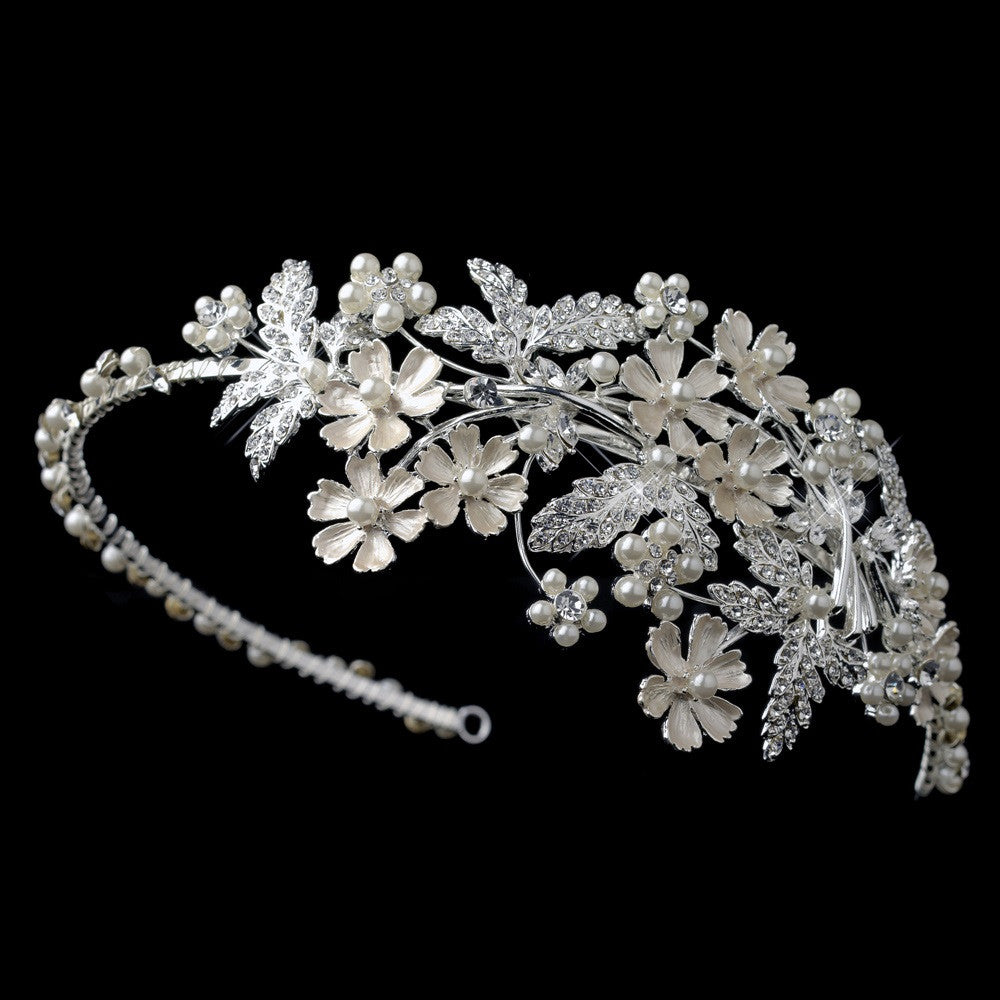 Light Silver Rhinestone & Ivory Pearl Floral Bridal Wedding Side Headband 1534