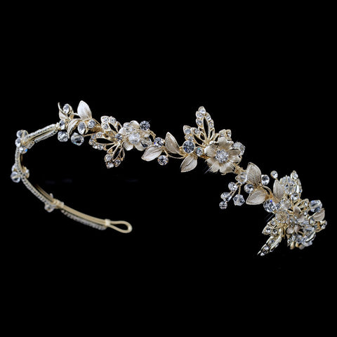 Light Gold Clear Crystal & Rhinestone Floral Bridal Wedding Side Headband Headpiece 1536