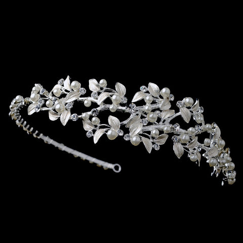 Silver Light Ivory Pearl & Rhinestone Vine Bridal Wedding Side Headband 1542