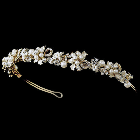 Elegant Gold Flower Leaf Garden Pearl Rhinestone Pearl Bridal Wedding Headband 16488